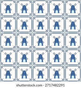 Padrão tradicional sem emenda com moinhos de vento holandeses repetitivos em azul-escuro. Emoldurado por rolagem ornamental e bordas geométricas em um fundo branco. Vetor