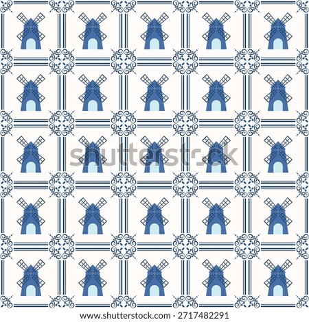 Traditional seamless pattern with repeating Dutch windmills in delft blue. Framed by ornamental scrollwork and geometric borders on a white background. Vector