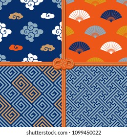 Traditionelle nahtlose Muster im orientalischen Stil, Set (Wolken, Handlüfter, geometrisch)