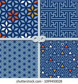 Traditional seamless patterns in oriental style, set (stars, geometric, triangles)