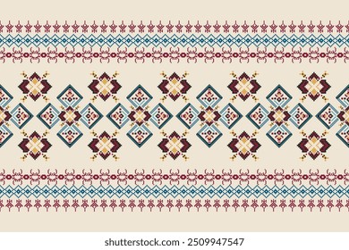 Patrón tradicional del arte del pixel inconsútil con los diamantes geométricos y las fronteras étnicas en azul, rojo y amarillo, perfecto para los textiles culturales, los Fondos de pantalla, y los proyectos del arte con un estilo de Folk y de Antiguas