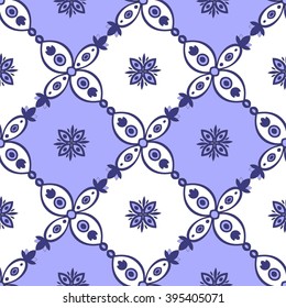 Traditional seamless tile pattern with Portuguese azulejos or spanish ornaments. White and blue pattern design vector.