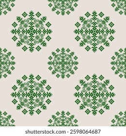Traditional seamless vector pattern featuring intricate floral and swirl motifs in dark green on a cream background. For textile design, decor, and artistic projects,  blending cultural elegance.