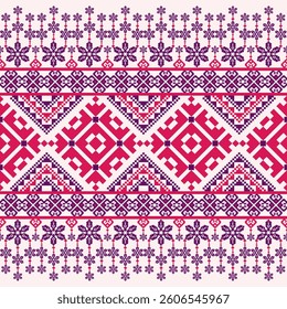 Traditional seamless vector pattern with geometric and floral motifs in red, purple, and white on cream. Ideal for textile, wallpaper, craft projects, and folk decor with a cultural charm.