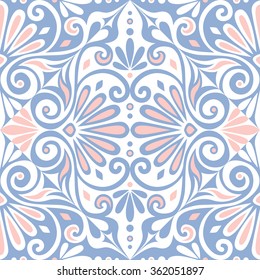 Traditional  seamless vintage pink, white and blue square floral Greek ornament, Meander