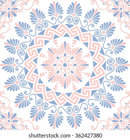 Traditional  seamless vintage pink, white and blue round floral Greek ornament, Meander