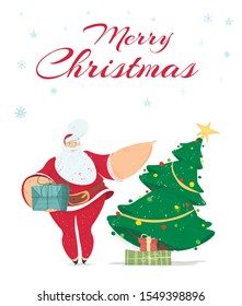 Traditional Seasonal Greeting Card for Merry Christmas Celebration. Hipster Santa Claus with Gift Box Under his Arm Standing at Decorated Xmas Tree on Snowy Background Cartoon Flat Vector Illustration