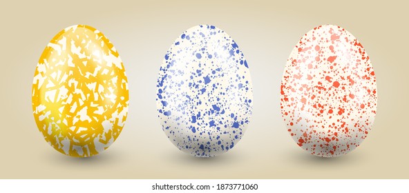 Traditional set of eggs in pastel hand drawn textures on a light gradient background.