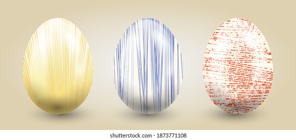 Traditional set of eggs in pastel hand drawn textures on a light gradient background.