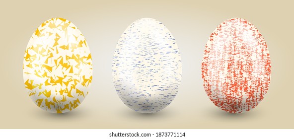Traditional set of eggs in pastel hand drawn textures on a light gradient background.