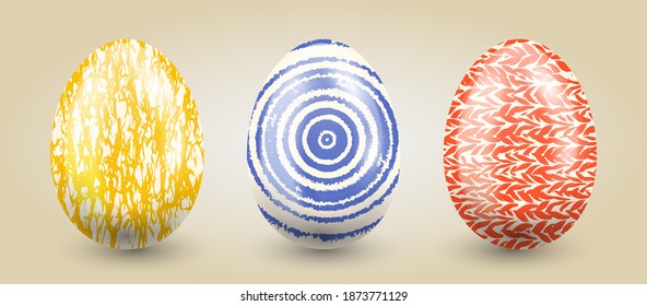 Traditional set of eggs in pastel hand drawn textures on a light gradient background.