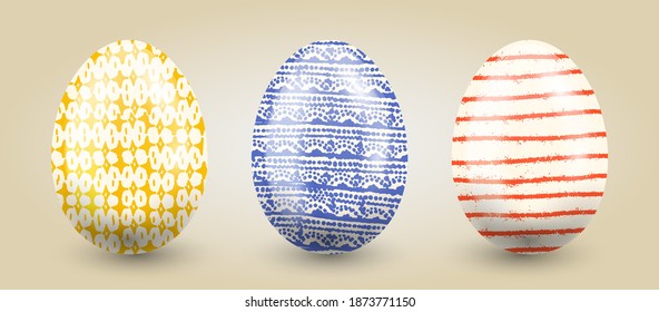 Traditional set of eggs in pastel hand drawn textures on a light gradient background.