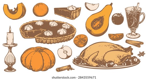 A traditional set of elements for a Thanksgiving dinner. Vector illustration in sketch style. Autumn pumpkin pie with whipped cream, mulled wine, and roasted turkey. Ink drawing in an engraving style.