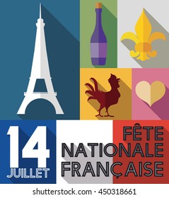 Traditional set of French elements in representation of their culture to celebrate National Day of France in July 14 (text in French).