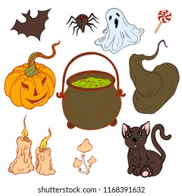 a traditional set for Halloween, design elements for All Saints Day, a black witch kitten, candles, a spider on a web, a treat to halloween, a witch's hat, a ghost, a toadstool, a broomstick.