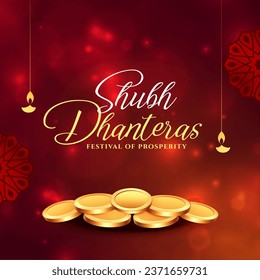 traditional and shiny shubh dhanteras wishes card celebrate festival of prosperity vector. Translation: Shubh Dhanteras, shubh means happy, dhan means wealth and teras means thirteen