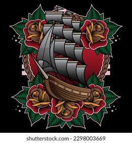 tatuaje tradicional de barco, vector EPS 10