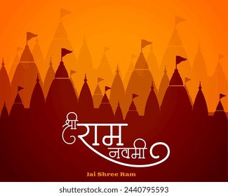 traditional shri ram navami wishes background with temple design vector (Translation of Ram Navami is birth of Lord Rama)