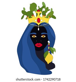 Traditional sicilian vase with moor head and cacti. Moorish, woman face. Italy, Sicily, Palermo, Catania, Taormina, Siacusa. Vector illustration of sicilian symbol, souvenir. Postcard, print design. 