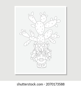 Traditional Sicilian vase with moor head and cacti, prickly pear in black and white. Vector illustration. Italy, Sicily. Abstract Art design for print, cover, wallpaper, Minimal and natural wall art