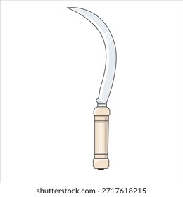 Arte vectorial de hoz tradicional con una hoja de acero curvada y un mango de madera pulida. Esta ilustración de herramientas agrícolas es perfecta para temas de agricultura, jardinería y cosecha. Un gráfico limpio para proyectos de estilo de vida rural.