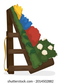 Traditional Silleta decorated with leaves and flowers with Colombian colors for the parade during Festival of the Flowers.