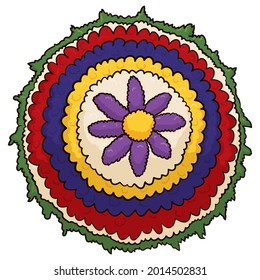 Traditional silleta with flower and Colombian flag colors in round floral arrangement ready for the Festival of Flowers, isolated over white background.