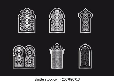 Traditional Silver Arabic islamic windows. Arabic traditional architecture geometric arabesque Pattern. Set of decorative vector panels or screens for laser cutting. Template for interior decor style.