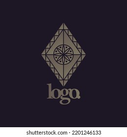 Traditionelles, silberfarbenes, elegantes Rhombus-Vektorlogo mit Mandala-Ornament und einzeln auf dunklem Hintergrund. Logo für Gastfreundschaft, Spiritualität und Schönheit.
