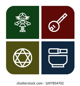 traditional simple icons set. Contains such icons as Doll, Banjo, Torah, Mortar, can be used for web, mobile and logo