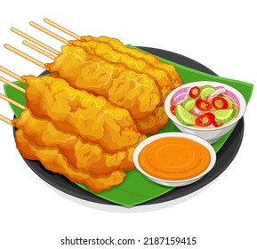 Traditional singapore food grilled pork satay. Famous pork satay melaka in malaysia menu close up illustration vector. Thai Pork satay with spices and peanut sauce recipe.