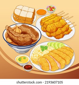 Traditional singapore food grilled pork satay. 
Bak Kut Teh singapore food menu close up. Chinese food hainanese chicken rice on black plate. Asian foods menu set close up illustration vector.