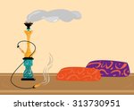 Traditional Sisha or Shisha Recreational Smoking Area. Flat Style Clip Art.