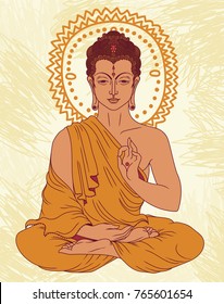 Traditional sitting Buddha in meditation,  can be used as greeting card for buddha birthday, vector illustration 
