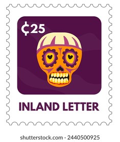 Traditional skull, Day of the Dead, vector illustration on stamp design.