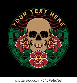 traditional skull head and flower tattoo, vector EPS 10