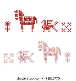 Traditional slavic embroidery patterns in squares and cross-stitching. Vector illustration of a horse, flower, fire bird red figures as used in russian handmade textile decoration