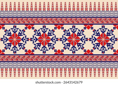 Traditional Slavic pixel embroidery pattern in red, blue, and beige tones. This folk-style seamless textile design features geometric floral motifs, ornamental borders, and stylized pixelated