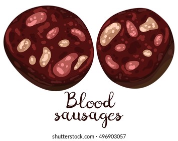 Traditional sliced blood sausage with fat. Isolated illustration with the inscription