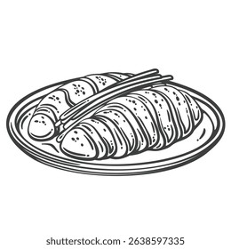 Traditional sliced roast duck served on a round plate with scallion garnish. Engraved monochrome style. Outline vector illustration for restaurant menu, packaging, or food design.