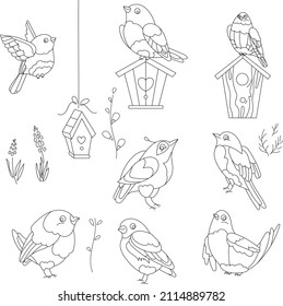 Traditional small birds and birdhouses for season design. Cute Easter decor. Spring festive elements. Black and white.  Hand drawn illustration in zentangle style for children and adults, tattoo.