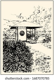 Traditional small pavilion and the trees in the japanese garden. Black and white hand drawing with pen and ink. Engraving, etching, sketch style.