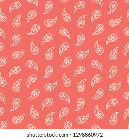 Traditional Small Scale Coral Paisley Foulard Vector Seamless Pattern. Whimsical classic background.