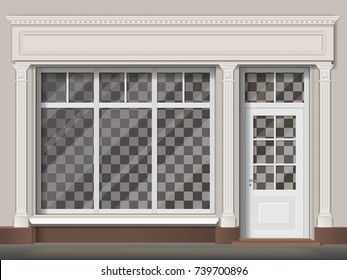 Traditional small shop facade with large window and columns. Front view. Showcase with transparent glass, easily change exhibition.