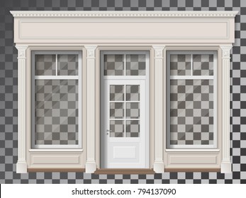 Traditional small shop facade with large window and columns. Front view.  Showcase with transparent glass, easily change exhibition.