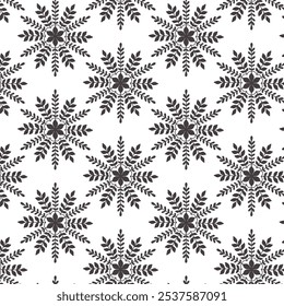Traditional snowflake design in monochrome for winter themes.