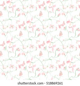 Traditional soft floral decor with flower de luce and butterflies. Vector seamless pattern on white background for textile design.