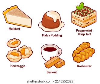 Traditional South African desserts and pastries. Simple cartoon drawing set. Isolated vector clip art illustration.