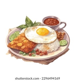 Traditional south east asian food nasi lemak uduk with tempeh and sambal in watercolor