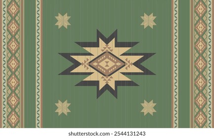 Diseño tradicional del suroeste con motivo de estrella central con núcleo de diamante. Patrón de inspiración nativa americana con bordes decorativos y estrellas de esquina en tonos tierra sobre fondo verde.